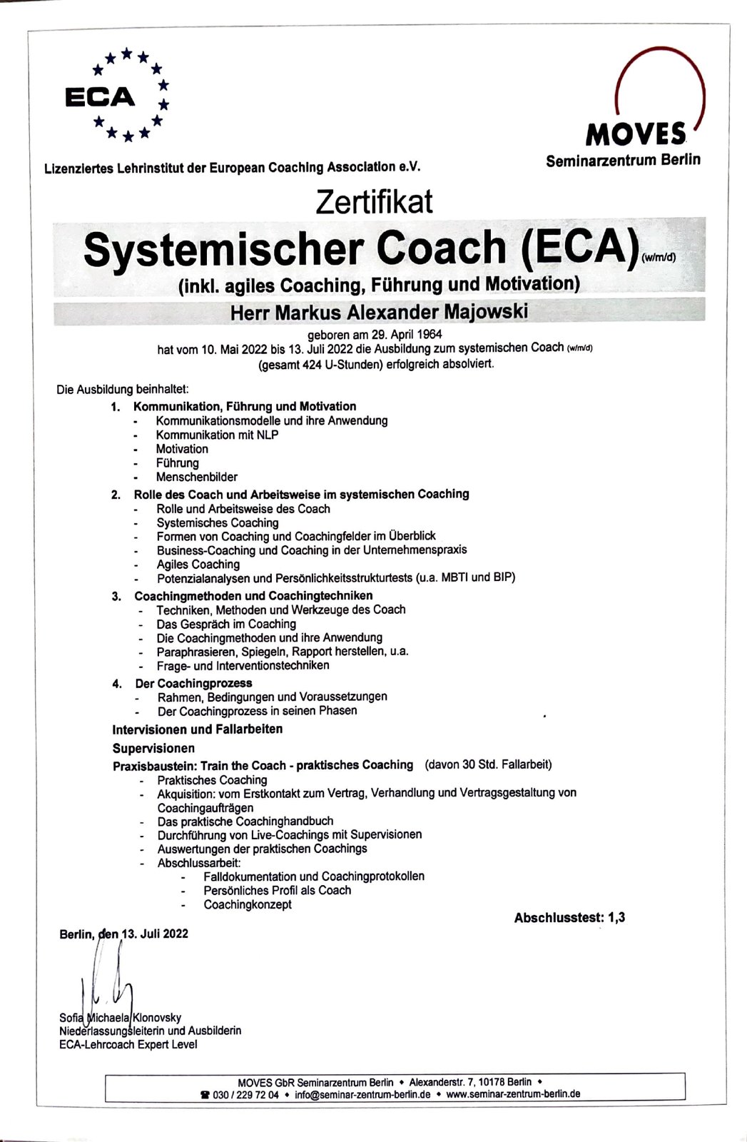 Zertifikat Systemischer Coach (ECA) für Markus Alexander Majowski, MOVES Seminarzentrum Berlin, Juli 2022